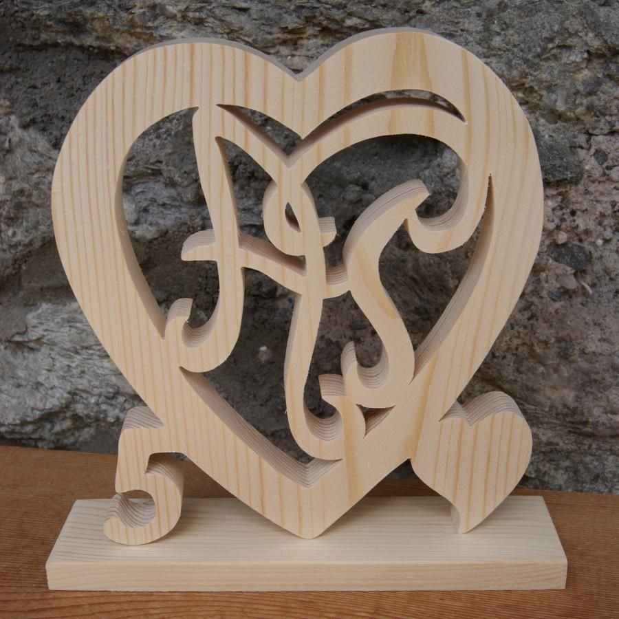 Coeur noce de bois, 5 ans de mariage, initiales personnalisées, idée cadeau noces de bois